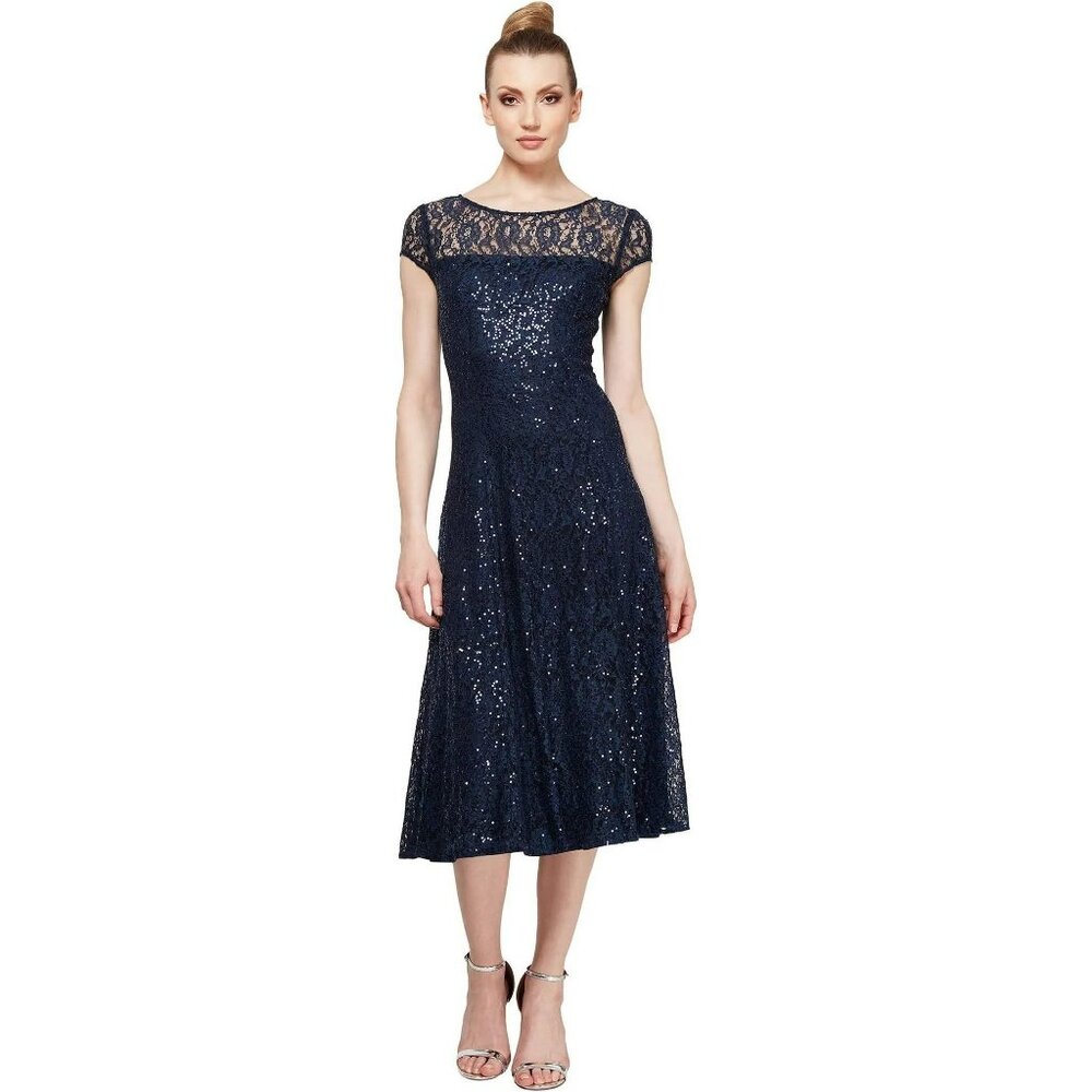 SL Fashion Navy Sewing Lace Formal Dress, 8